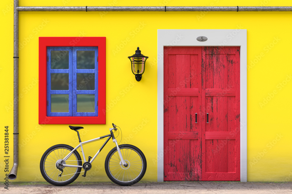 Bicycle Parked in front of Retro Vintage European House Building with Red Door, Blue Window and Yellow Wall, Narrow Street Scene. 3d Rendering