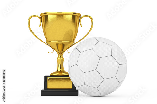 Football Soccer Award Concept. Golden Award Trophy with White Leather Football Soccer Ball. 3d Rendering