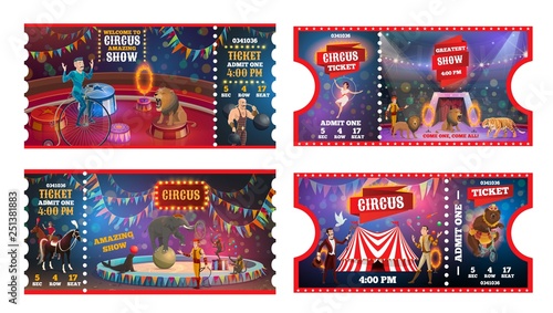 Circus tickets with acrobats, animals and magician