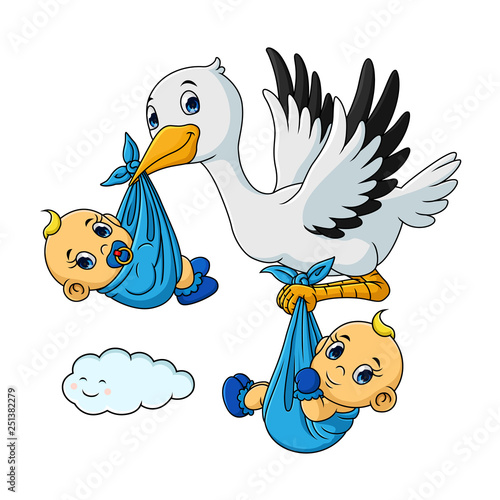 Cartoon Stork with twin baby, Hope 1 Get 2, Vector