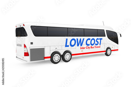 Big White Coach Tour Inter City Travel Bus with Low Cost Sign. 3d Rendering
