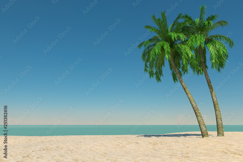 Obraz premium Tourism and Travel Concept. Empty Tropical Paradise Beach with White Sand and Coconut Palm Trees. 3d Rendering