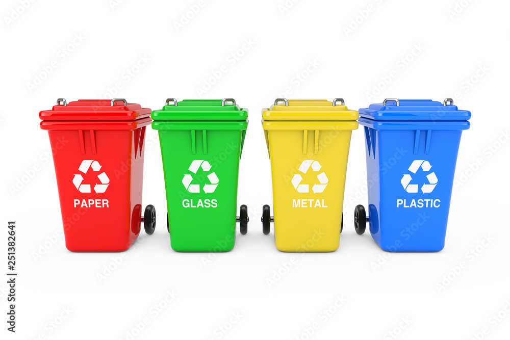 Red, Green, Yellow and Blue Recycle Bins with Recycle Symbol. 3d Rendering Red, Green, Yellow and Blue Recycle Bins with Recycle Symbol. 3d Rendering