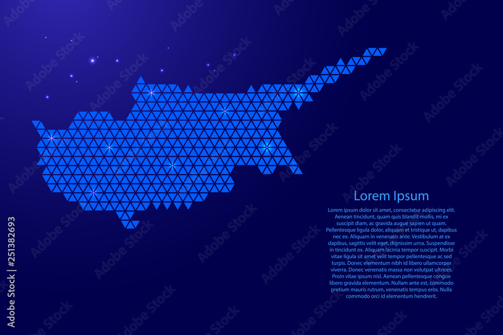 Cyprus map abstract schematic from blue triangles repeating pattern geometric background with nodes and space stars for banner, poster, greeting card. Vector illustration.