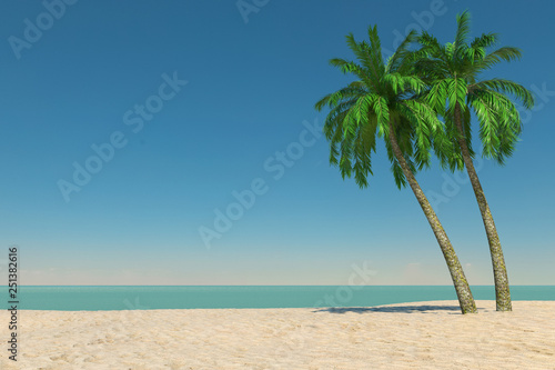 Fototapeta Naklejka Na Ścianę i Meble -  Tourism and Travel Concept. Empty Tropical Paradise Beach with White Sand and Coconut Palm Trees. 3d Rendering