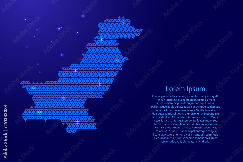 Pakistan map abstract schematic from blue triangles repeating pattern geometric background with nodes and space stars for banner, poster, greeting card. Vector illustration.