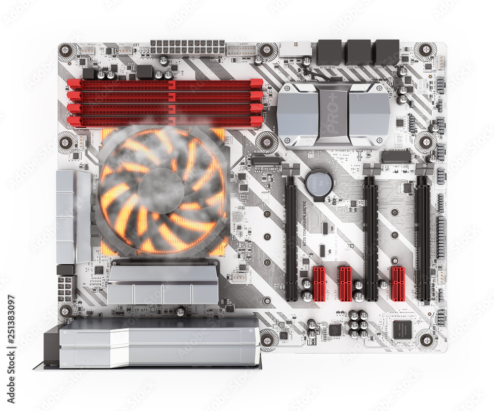 Simulation of CPU overheating Motherboard with realistic chips and slots  top view on white background 3d render Stock Illustration | Adobe Stock