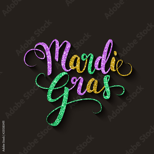 Mardi Gras decorative calligraphic lettering, flyer template, vector illustration