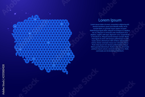 Poland map abstract schematic from blue triangles repeating pattern geometric background with nodes and space stars for banner  poster  greeting card. Vector illustration.