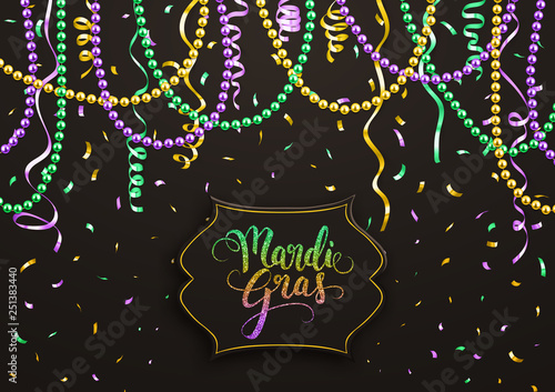Mardi Gras holiday decorative postcard with colorful beads and calligraphic lettering, vector illustration
