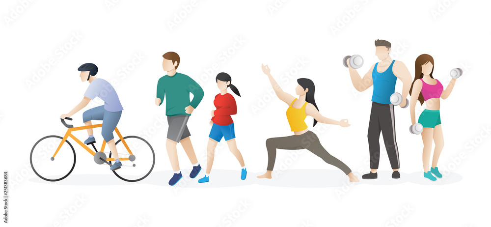 Healthy activities from people on white background. Young people doing physical activity, they are running, cycling and practicing yoga, healthy lifestyle and fitness concept - Vector