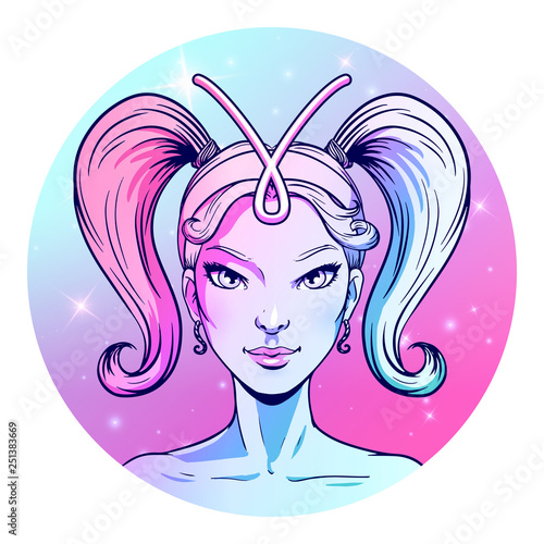 Aries zodiac sign artwork, beautiful girl face, horoscope symbol, star sign, vector illustration
