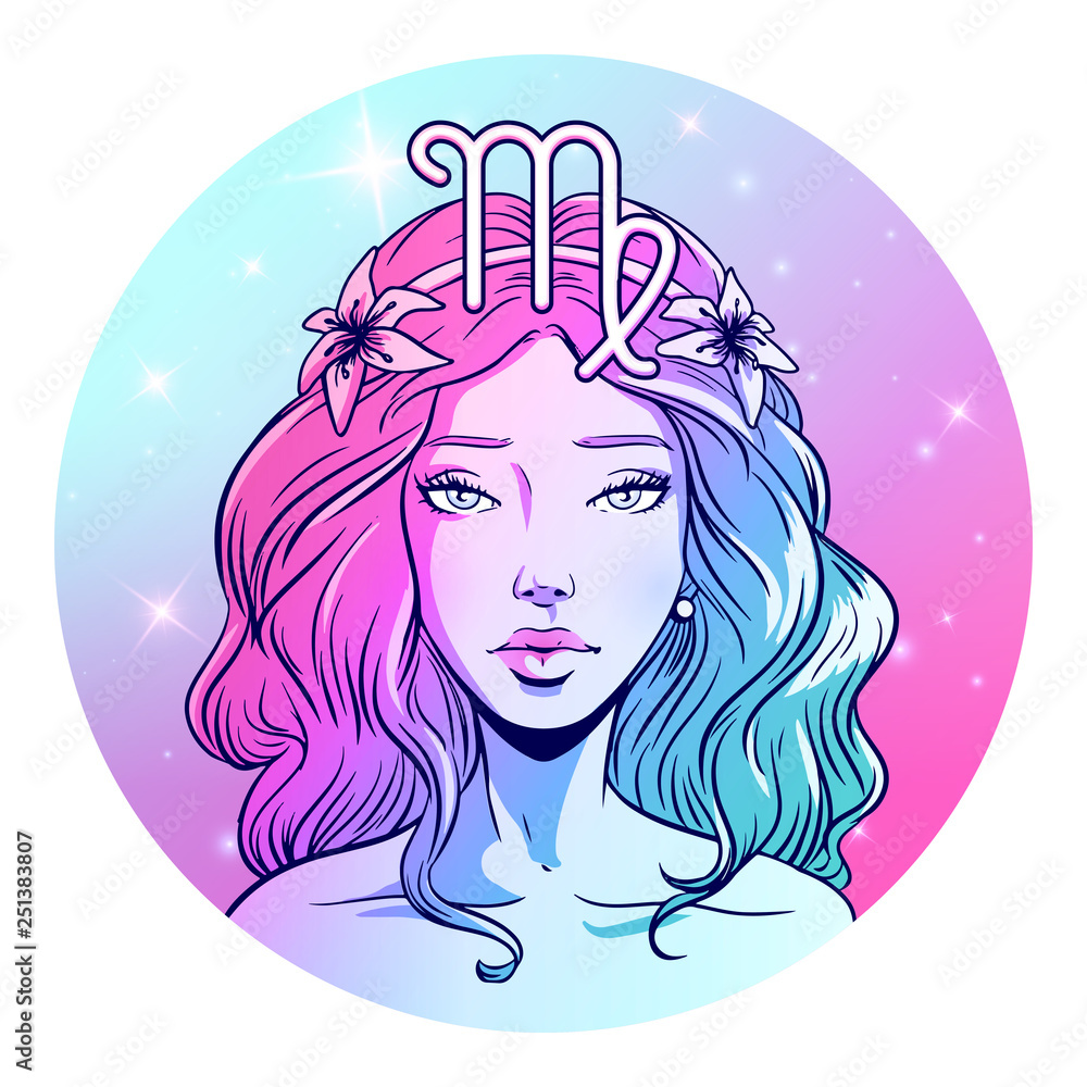 Φωτογραφία Virgo zodiac sign artwork, beautiful girl face, horoscope symbol, star sign, vec