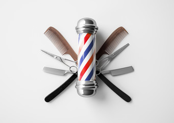 Barbershop logo design butterfly scissor background concept.