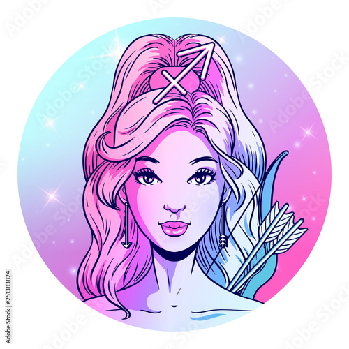 Tela Sagittarius zodiac sign artwork, beautiful girl face, horoscope symbol, star sig
