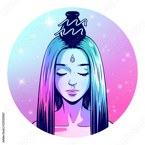 Aquarius zodiac sign artwork, beautiful girl face, horoscope symbol, star sign, vector illustration