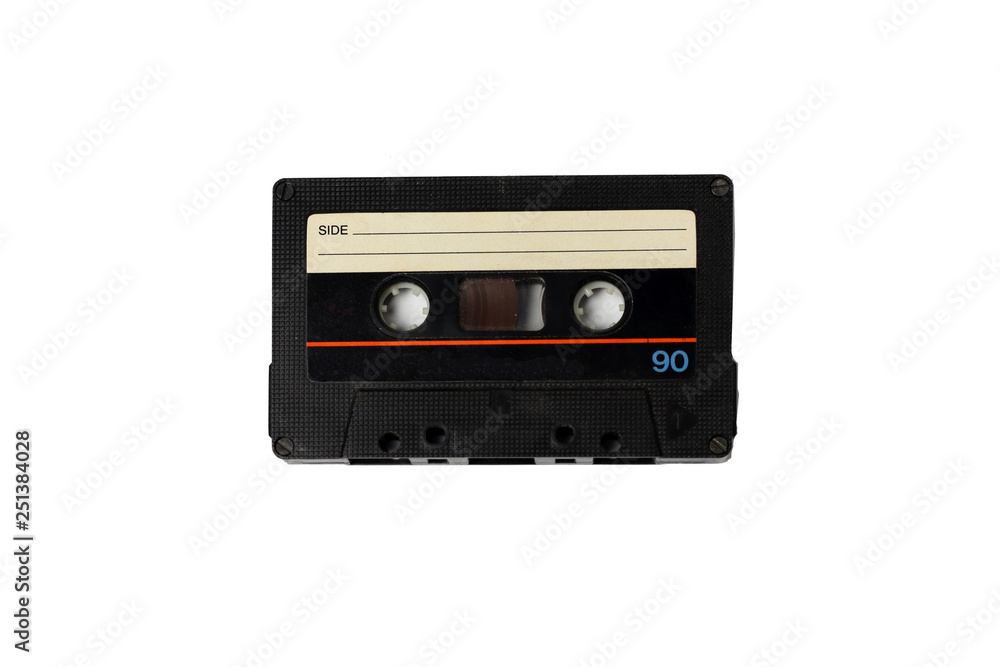 Audio retro vintage cassette tape isolated on white 80s style