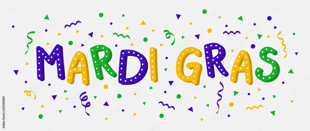Fototapeta premium Design of Mardi Gras banner with serpentines and confetti. Vector