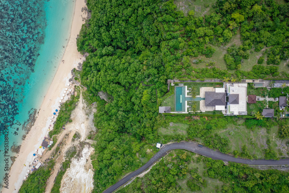 Hotel on the cliff near the beach, aerial view, Bali, Indonesia Hotel on the cliff near the beach, aerial view, Bali, Indonesia