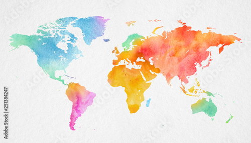 Mehrfarbenaquarell-Weltkarte auf Papierhintergrund.