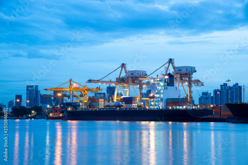 Container terminal in the port of Bankkok during blue hour