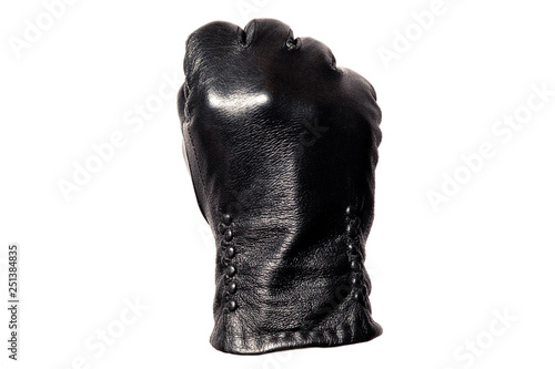Closeup black leather glove, fingers showing fist sign. Isolated on white background. Concept symbols signs, numbers