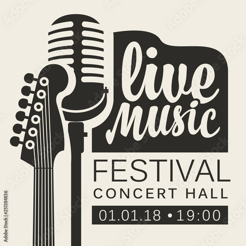 Vector poster for live music festival or concert with neck of acoustic guitar and microphone in retro style