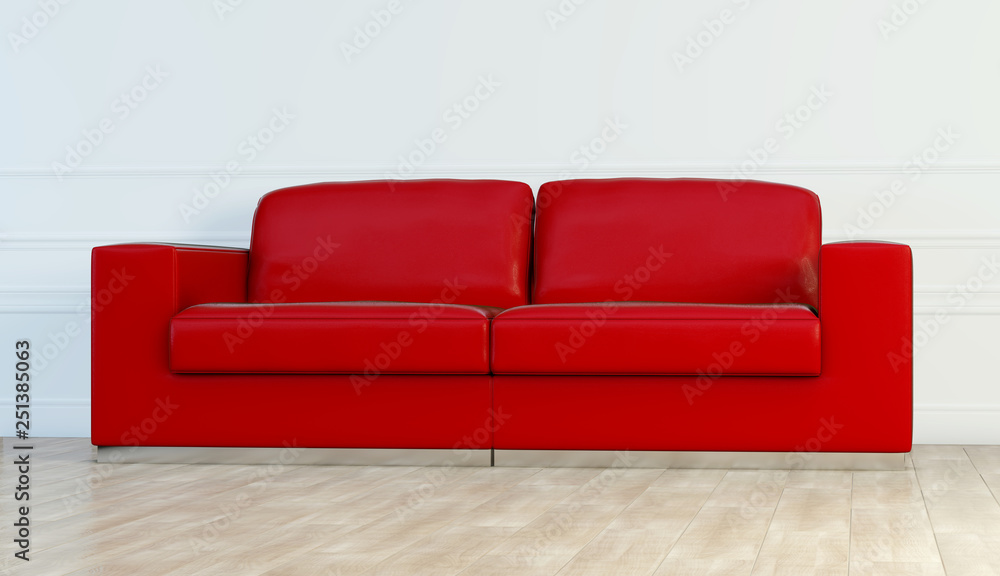Fototapeta premium Red leather luxury sofa in white room