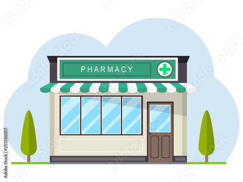 Facade of pharmacy store in urban space. Pharmacy, street building facade. Small building with roof, bushes. Vector illustration.