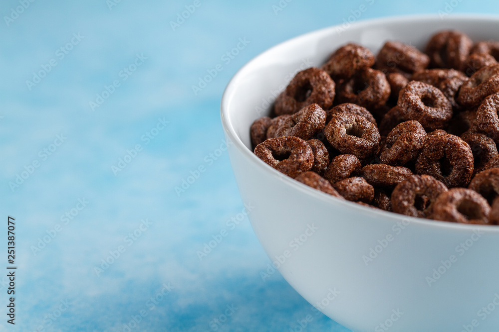 Chocolate glazed rings bowl for dry, cereals breakfast. Copy space Chocolate glazed rings bowl for dry, cereals breakfast. Copy space