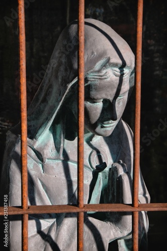 Mother Mary in a cage. Anti vandalism bars.