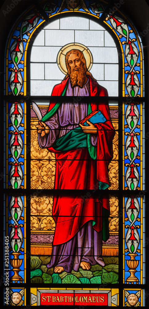 PRAGUE, CZECH REPUBLIC - OCTOBER 13, 2018: The apostle Saint Bartholomew the Evangelist in the stained glass of the church kostel Svatého Václava  (end of 19. cent).
