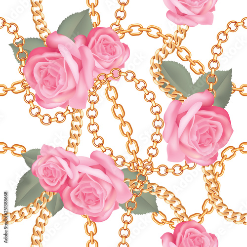 Seamless pattern background with golden chains and pink realistic roses. On white. Vector illustration