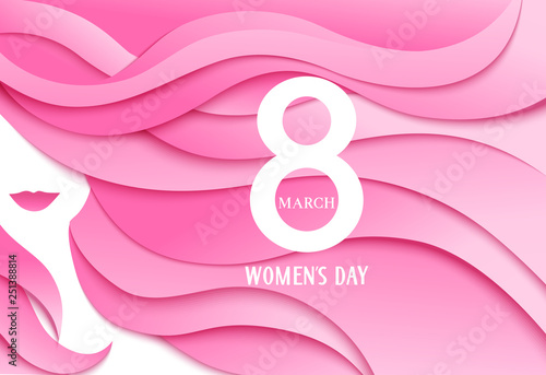 Happy Womens Day. 8 march design template with woman face and greeting text. Girl with long pink hair. Vector illustration
