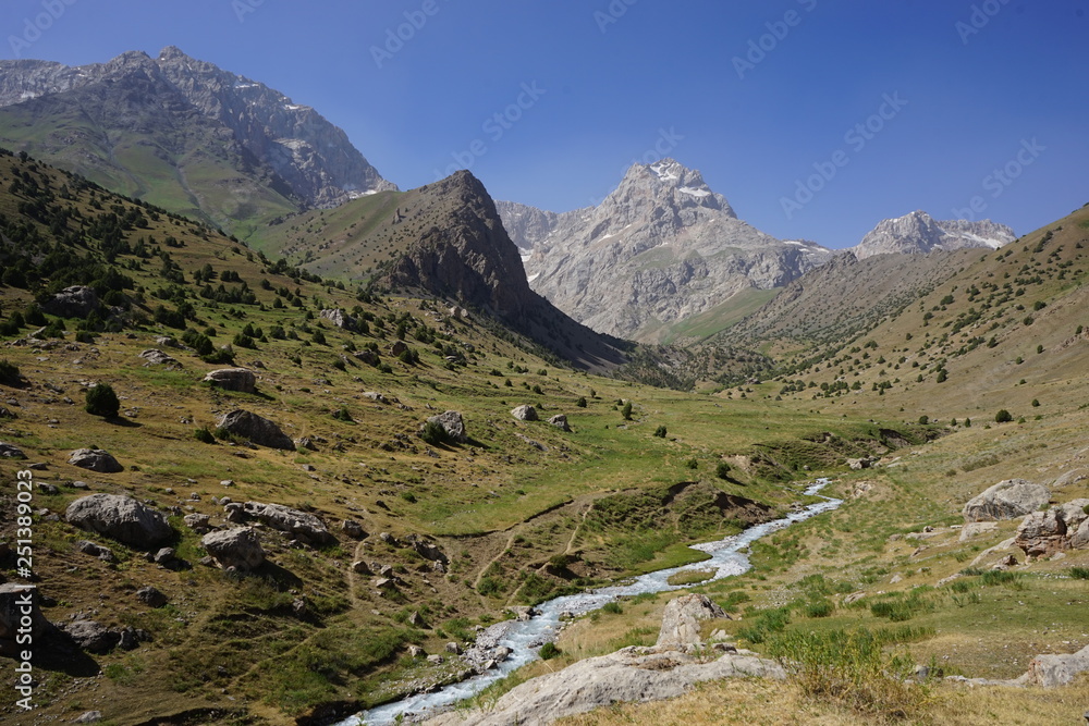 Stream in the green mountain valley, Fann Mountains, Tajikistan 