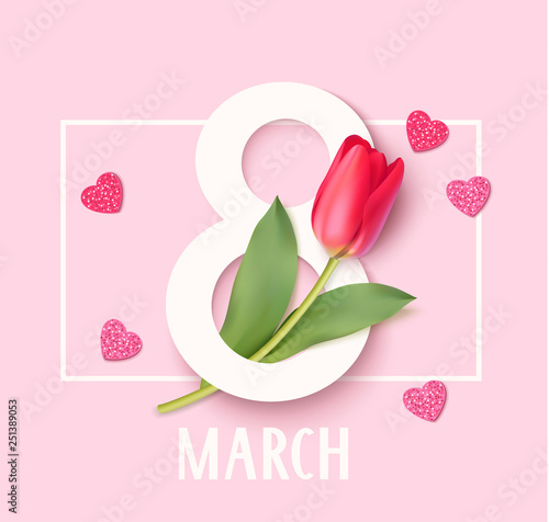 Womens Day 8 March design template. Decorative number eight with eed tulips. Vector illustration