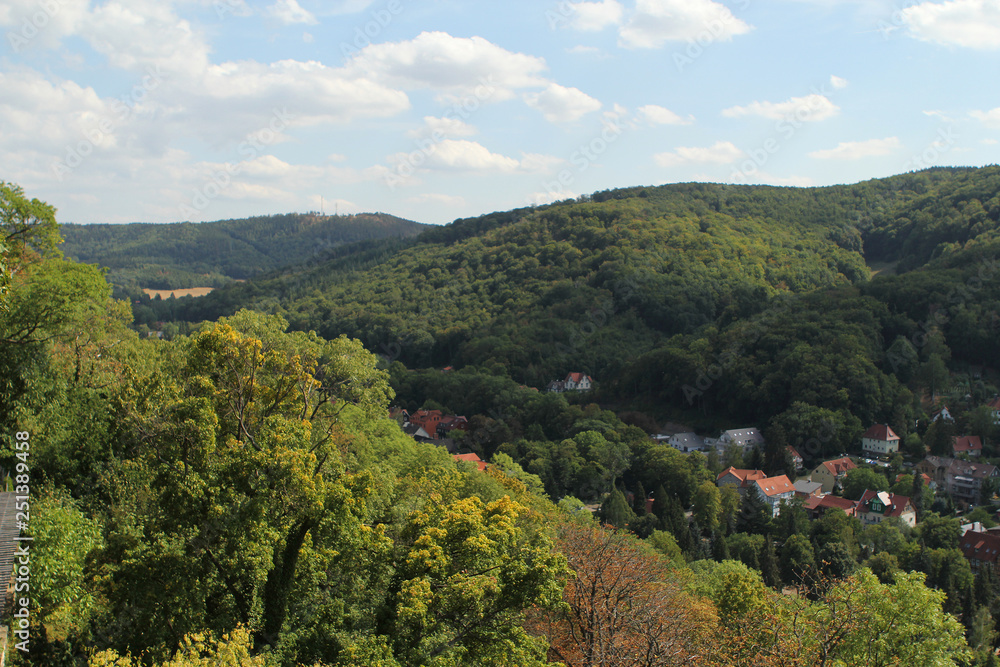 The picturesque valley of the Harz Mountains above the city of Wernigerode in Saxony-Anhalt, Germany.