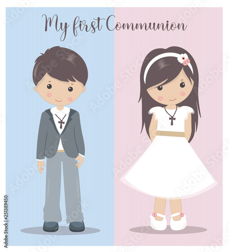 My First Communion girl and boy. Holy Communion vector
