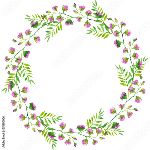 Bright delicate wreath of branches of violet flowers and green leaves, watercolor illustration.