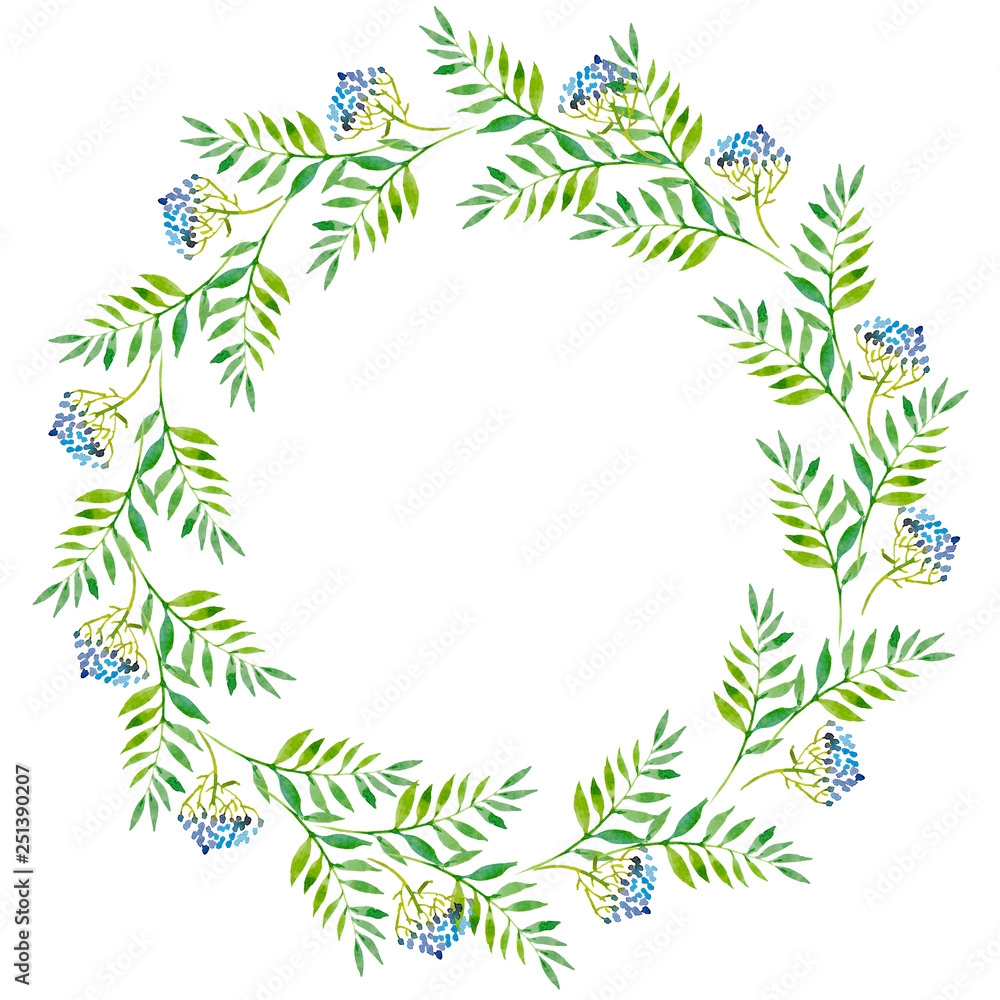 wreath of branches of blue flowers and green leaves,   watercolor illustration.