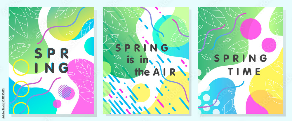 Set of unique spring cards with bright gradient backgrounds,tiny leaves,fluid shapes and geometric elements in memphis style.Abstract layouts perfect for prints,flyers,banners,invitations,covers. Set of unique spring cards with bright gradient backgrounds,tiny leaves,fluid shapes and geometric elements in memphis style.Abstract layouts perfect for prints,flyers,banners,invitations,covers.