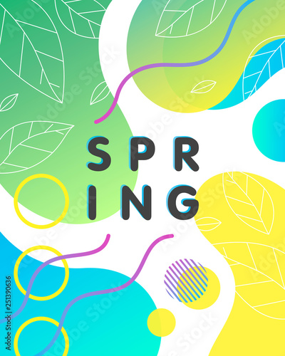 Unique spring card with bright gradient background,tiny leaves,fluid shapes and geometric elements in memphis style.Bright abstract layout perfect for prints,flyers,banners,invitations,covers and more