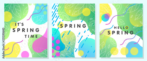 Set of unique spring cards with bright gradient backgrounds,tiny leaves,fluid shapes and geometric elements in memphis style.Abstract layouts perfect for prints,flyers,banners,invitations,covers.