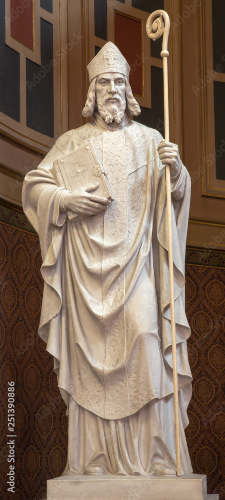 PRAGUE, CZECH REPUBLIC - OCTOBER 13, 2018: The marble statue of St. Vojtěch (Adalbert) in church kostel Svatého Václava by artwork Čeněk Vosmík  made by Luisi in Carrara (end of 19. cent).