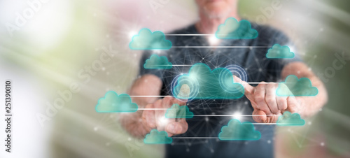 Man touching a cloud networking concept
