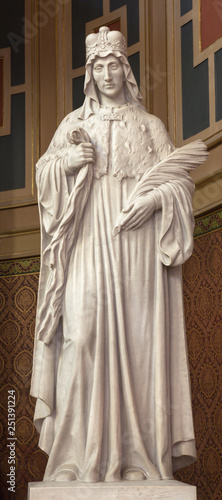 PRAGUE, CZECH REPUBLIC - OCTOBER 13, 2018: The marble statue of St. Ludmila in church kostel Svatého Václava by artwork Čeněk Vosmík made by Luisi in Carrara (end of 19. cent).