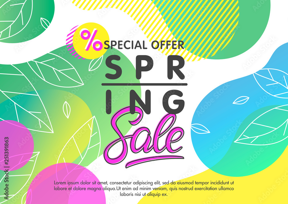 Spring sale banner.Unique design card with gradient background,fluid shapes and geometric elements in memphis style.Mid-season sale poster perfect for prints, flyers,banners, promotion,special offer.