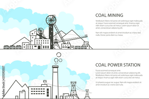 Set of Horizontal Banners with Mining and Coal Power Station, Complex Industrial Facilities with Spoil Tip and Mine, High Voltage Power Lines Supplies Electricity to the City, Vector Illustration
