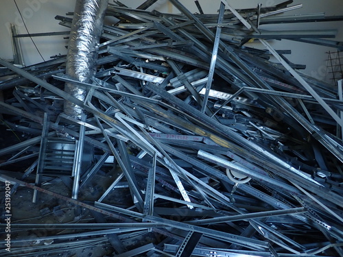  heap of used demolished metal profiles from partition walls