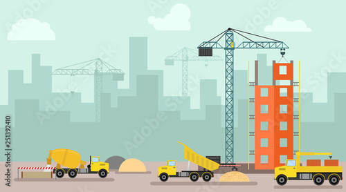 Construction site, building a house. Building poster in modern style. Process of construction of residential houses isolated. Big building dormitory area.